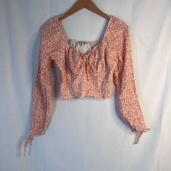 American Eagle Orange Floral Print Cropped Long Sleeve Peasant Top Size Small - Picture 11 of 11